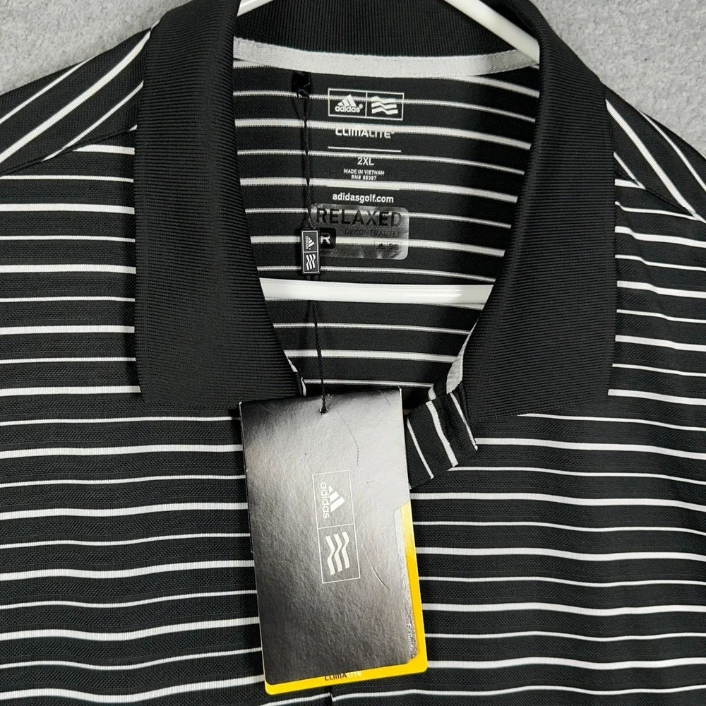 NEW Adidas Golf Polo Shirt Mens 2XL Black Climalite Striped Relaxed Fit Rugby